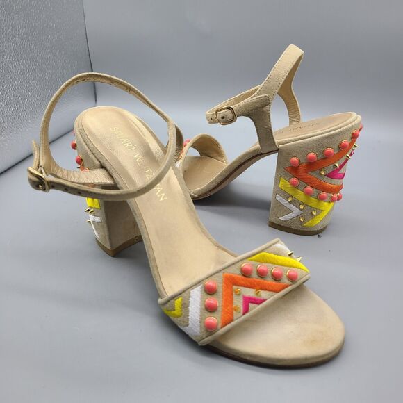 Stuart Weitzman Both Sandal  chunky Heel Ankle Straps beige embellished  Sz 8 - Picture 1 of 9